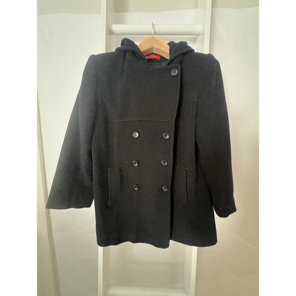 Anne Klein Wool Winter Pea Coat Womens M Black Hooded Double Breasted Button EC